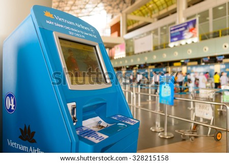 HANOI, VIETNAM - MAY 11, 2015: self check-in kiosk in Noi Bai International Airport. Noi Bai International Airport is the largest airport in Vietnam. It is the main airport serving Hanoi