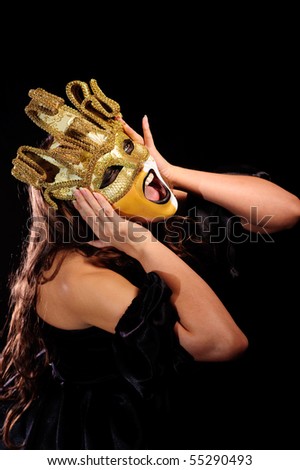 screaming woman in half mask, isolated on black