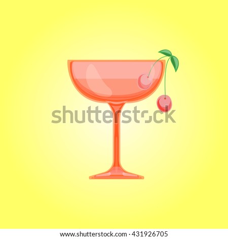 Margarita cocktail, saucer and champagne glass with cherry . Candy Relax summer background. Vector illustration.