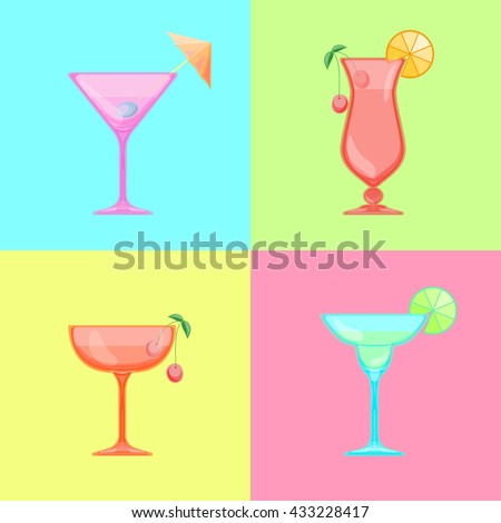 Set of cocktail icons. Martini with olive, Margarita cocktail with lime, Saucer and champagne with cherry, Hurricane cocktail, pina colada glass. Candy Relax summer background.