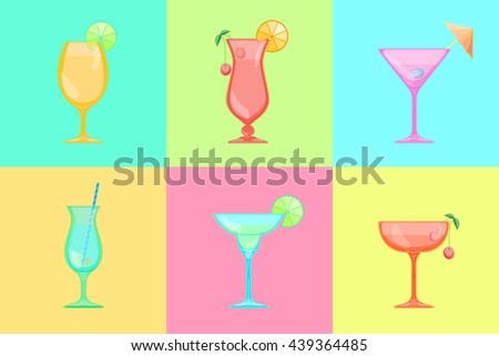 Set of cocktail icons. Martini and Margarita, Saucer and champagne, Hurricane and pina colada, Sour, Tulip and Beer Goblet glass. Candy Relax summer background.