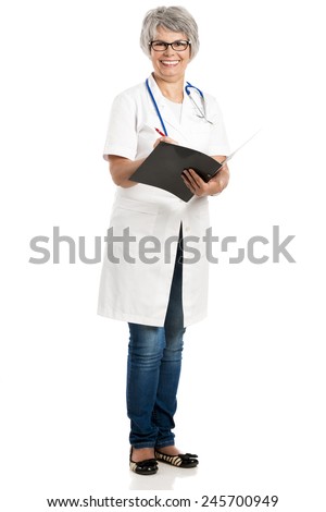 Happy old female doctor holding a folder, isolated on white