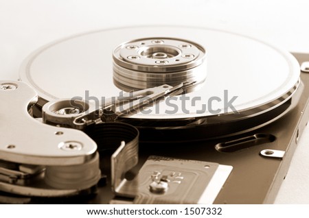 Open hard disk drive, Open hard disk drive, shallow depth of field with focus on the needle