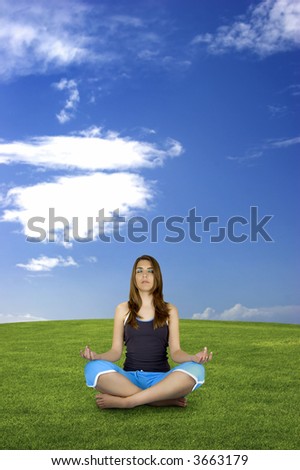 Beautiful athletic woman making yoga on a beautiful green landscape