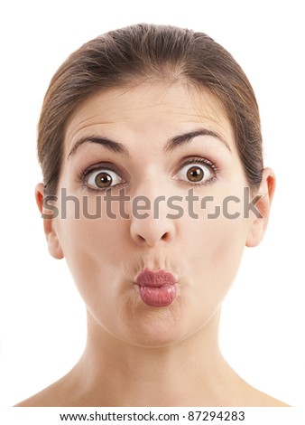 Close-Up Portrait Of A Woman Doing A Fish Mouth Expression, Over A ...