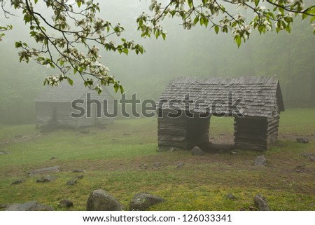 Rustic cabins in the Smoky Mountains on a foggy spring day