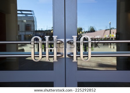 COLUMBUS, OHIO-OCTOBER 12, 2014:  The unique design of the door handles leading into the Ohio Union on the Ohio State University campus shows the attention to detail included in this building.