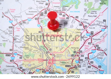 Map with the city of Baltimore, Maryland pinpointed with a red thumb tack