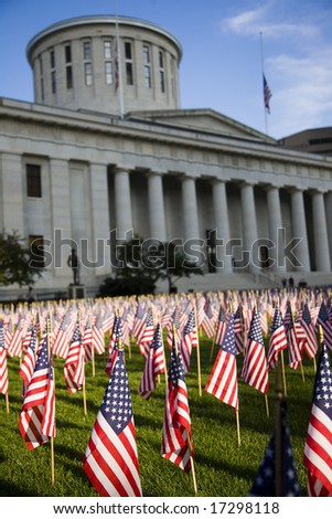 Columbus, Ohio statehouse with the lawn full of flags for Patriot\'s Day on 9/11