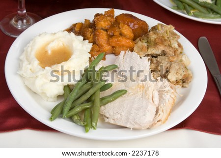 A Plate Of Sliced Turkey, Stuffing, Mashed Potatoes And Gravy, Candied ...