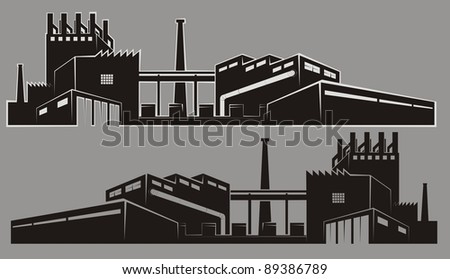 Two mirrored factory silhouettes on a gray background, one with a light gray outline - vector cartoon illustration set