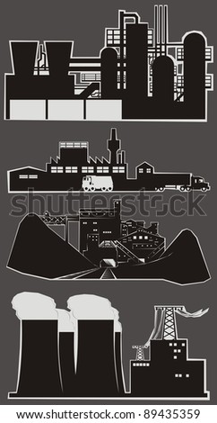 Four heavy industry facility cartoon outlines - vector illustration set (Part 1)