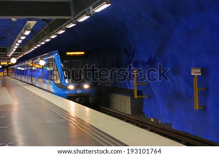 STOCKHOLM, SWEDEN - AUGUST 08, 2013: T-Centralen station on the Blue Line, designed by Per Olof Ultvedt in 1975, in  Stockholm, Sweden on August 08, 2013