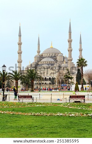 ISTANBUL, TURKEY - APRIL 01, 2013: Sultan Ahmed Mosque (Blue Mosque)and tourists in Istanbul, Turkey. The mosque is known as the Blue Mosque for the blue tiles adorning the walls of its interior