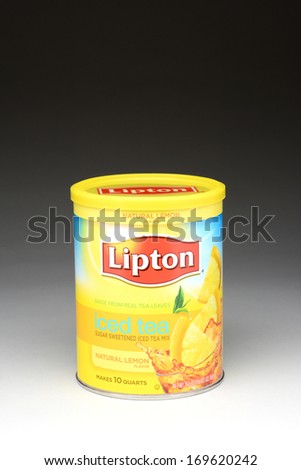 IRVINE, CA - January 11, 2013: A 10 quart can of Lipton Iced Tea Mix Natural Lemon Flavor. Iced tea makes up about 85% of all tea consumed in the United States.