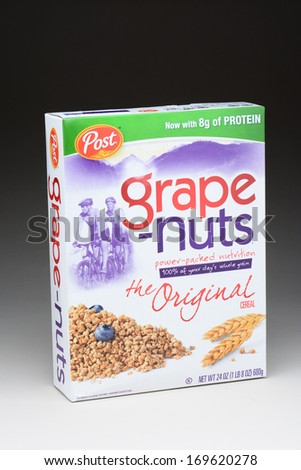 IRVINE, CA - January 11, 2013: A 24 ounce box of Post Grape-Nuts. Developed in 1897 by C. W. Post, the cereal contains neither grapes nor nuts; it is made with wheat and barley.