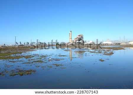 HUNTINGTON BEACH, CA - NOVEMBER 6, 2014: The AES Power Plant on Pacific Coast Highway seen from the Magnolia Wetlands. The facility produces electricity for more than 40,000 homes.