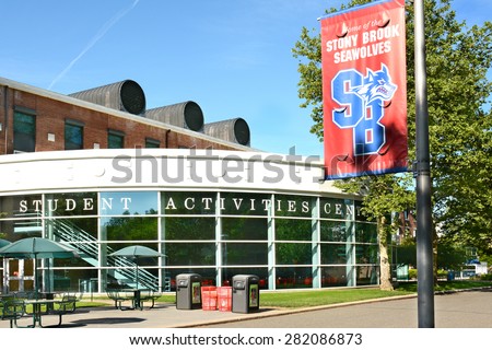 STONY BROOK, NY - MAY 24, 2015: Student Activities Center (SAC) at Stony Brook University with Seawolves banner. The institute is a top ranked academic university on New York\'s Long Island.