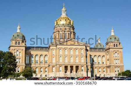 DES MOINES, IOWA - AUGUST 19, 2015: State Capitol Building, Des Moines, Iowa. Built between 1871 and 1886, it is the only five-domed capitol in the country.