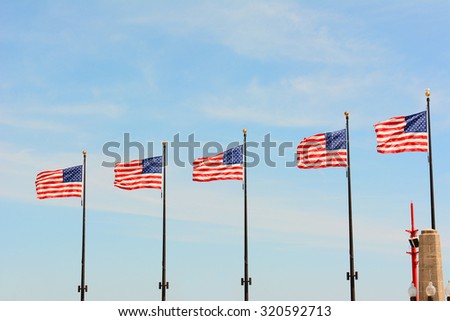 Five American Flags on Navy Pier, Chicago, Illinois.