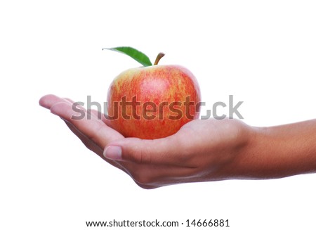 Woman's Outstretched Hand Holding an Apple isolated over white