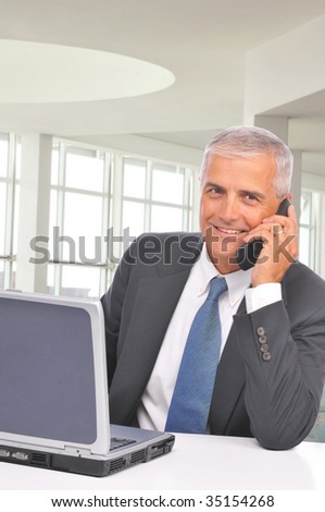 Mature Businessman Talking on Cell Phone Seated at Computer in office setting