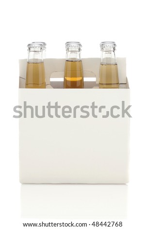 Side View of a Six Pack of Clear Beer Bottles isolated over white with reflection vertical format