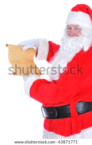Santa Claus unrolling his naughty and nice list. Isolated on white in vertical format.