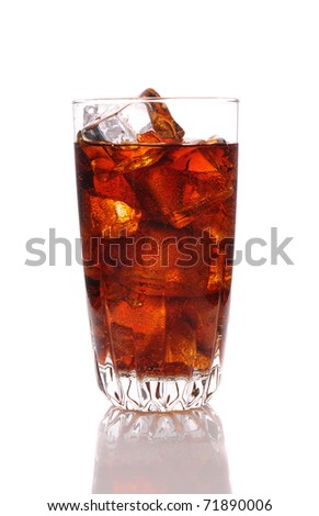 Close up of a glass of cola and Ice cubes with condensation. Vertical format with reflection isolated on white.