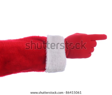 Santa Claus outstretched arm with finger pointing. Horizontal format over a white background.
