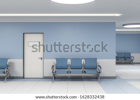 Modern waiting room in blue medical office interior with chairs and blank wall. Medical and healthcare concept. 3D Rendering Foto stock © 