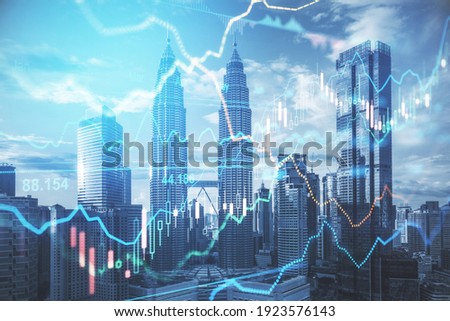 Stock market business concept with financial chart with diagram and graphs at megapolis city background. Double exposure