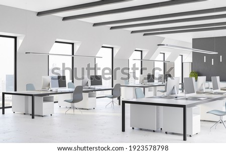 Side view on modern open space office with comfortable workplaces, computers, marble floor and light interior design. 3D rendering