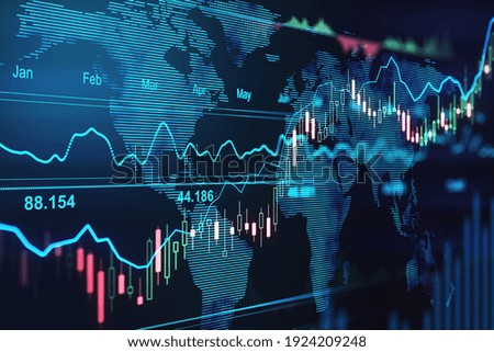 Trading market concept with financial graphs, glowing lines and diagram on digital screen at world map background. 3D rendering