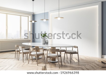 White wall panel in eco style dining room with white table, wooden chairs around on parquet and smoky city view. 3D rendering, mockup