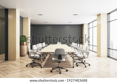 Modern eco style meeting room with big wooden table, white chairs around, parquet and big windows with city view. 3D rendering