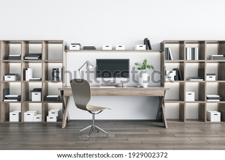 Modern eco style home workplace with wooden racks, table with computer, chair and parquet board on the floor. 3D rendering