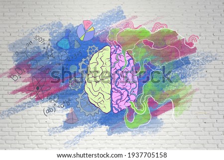 Brain function concept with handwriting sketch of right and left brain hemispheres, science symbols and creativity illustration. 3D rendering