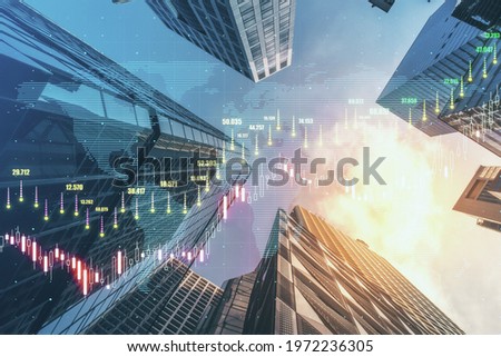 Forex trade market and development concept with growing digital candlestick and indicators on sunny skyscrapers background. Double exposure