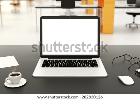 desk with a laptop in a large office, mock up