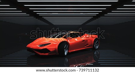 Modern sportscar in abstract illuminated interior. Transportration concept. 3D Rendering 