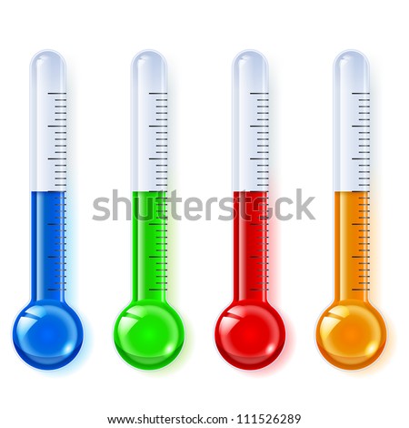 Temperature indicators, glassware, blue, green, red, orange, on a white background