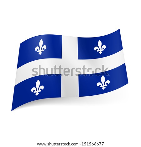 Flag of Quebec, province of Canada: central white cross and symmetric pattern of white fleurs-de-lis on blue background. 