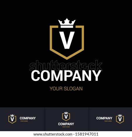 Illustration of Shield Badge-Shape with letter V in the Middle and Luxury Crown. Logo Icon Template for Web and Business Card, Letter Logo Template on Black Background