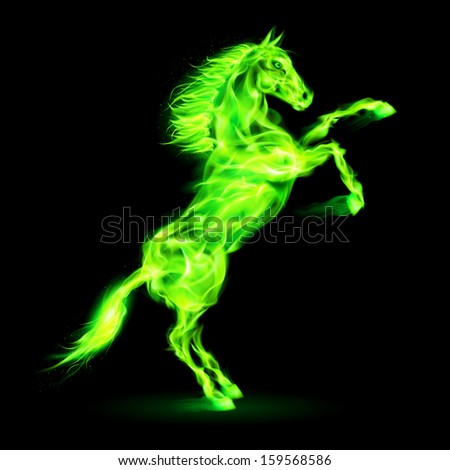 Green Fire Horse Rearing Up. Illustration On Black Background ...