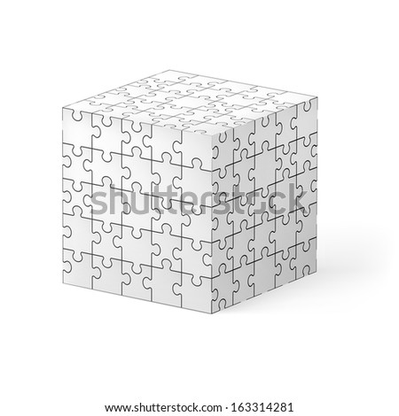 Cube made of white puzzle elements. Illustration on white background.  