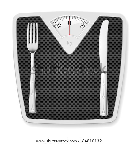 Raster version. Bathroom scales with fork and knife as concept of diet and overweight.