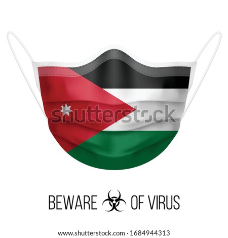 Medical Mask with National Flag of Jordan as Icon on White. Protective Mask Virus and Flu. Surgery Concept of Health Care Problems and Fight Novel Coronavirus (2019-nCoV) in Form of Jordanian flag