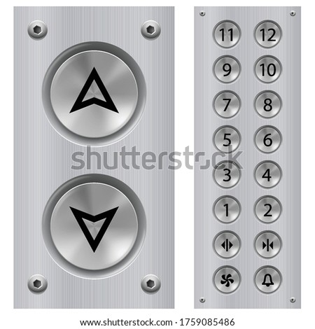 Elevator Buttons Panel and Call Buttons for Building Up and Down Each Floor with Arrow Symbol Displayed on Polished Stainless Steel. Isolated Illustration on White Background