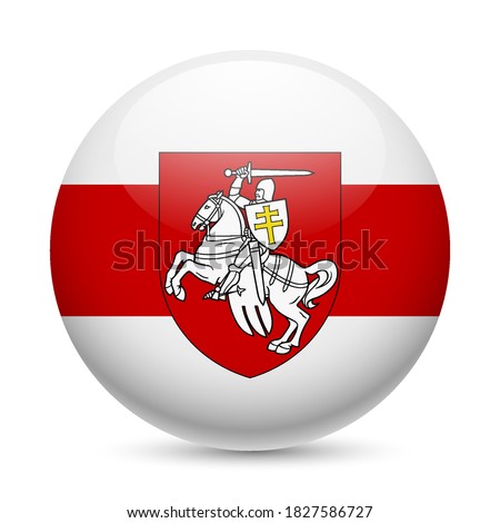 Flag of Freedom Belarus as a Round Glossy Icon. Button with The Pahonia Against the Background of the white-red-white flag. Historical coat of arms of Belarus and the Grand Duchy of Lithuania